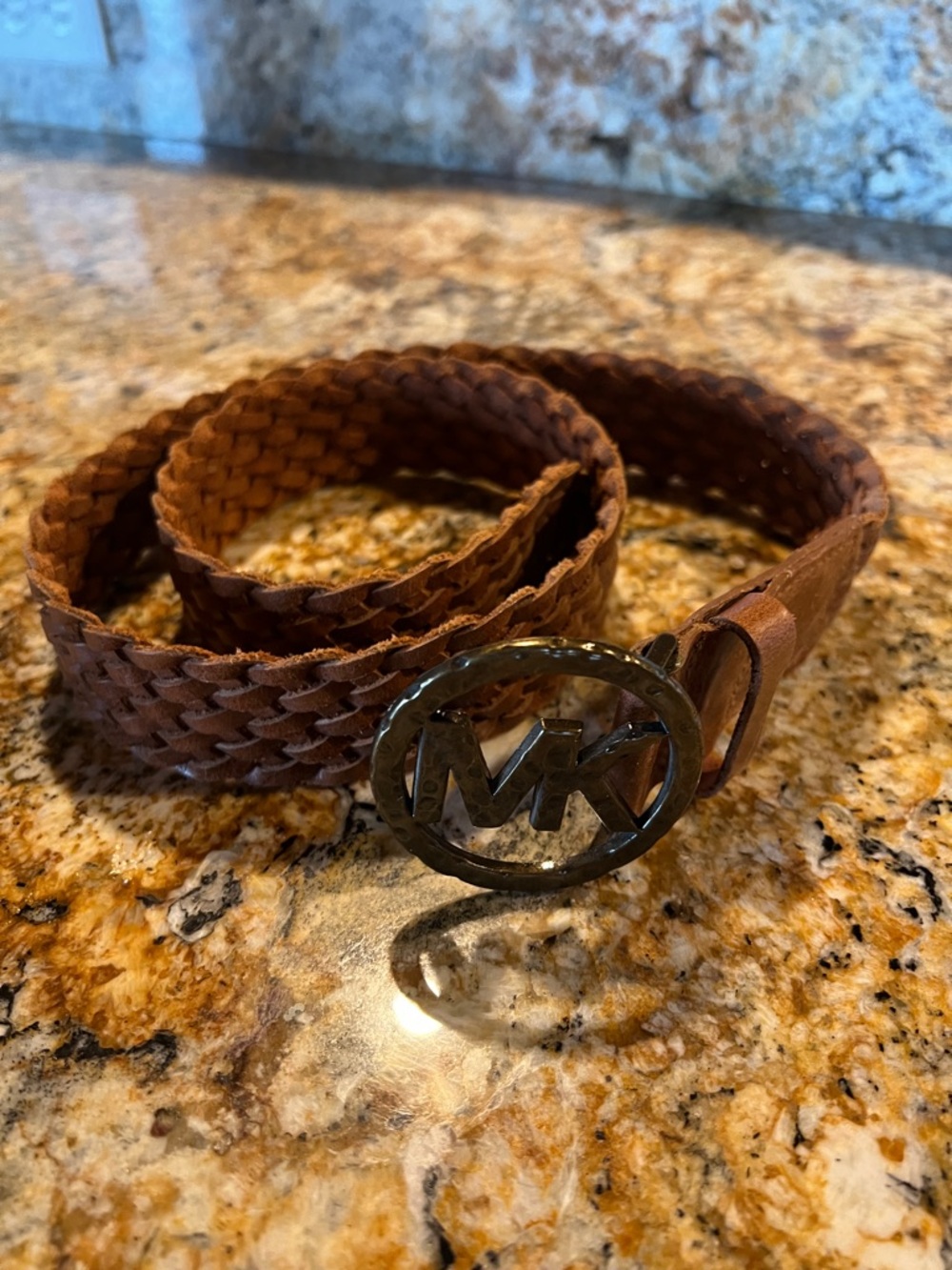 Michael Kors Brown Braided Leather Belt with MK Oval Buckle
